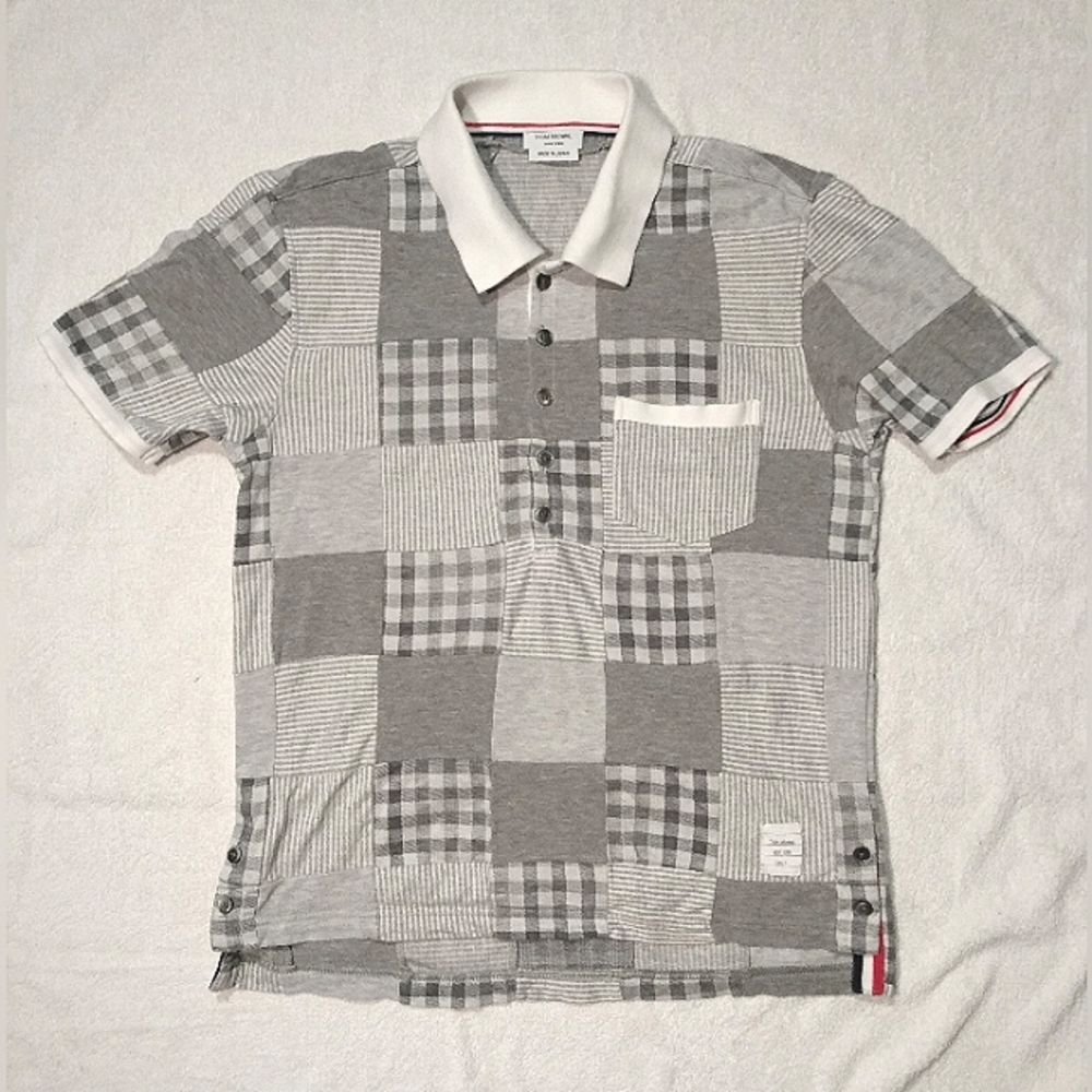 THOM BROWNE Made in Japan Cotton Patchwork Short Sleeve Polo Button down Shirt